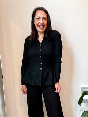 Grace Karin Black Button-Front Peplum Ribbed Sweater